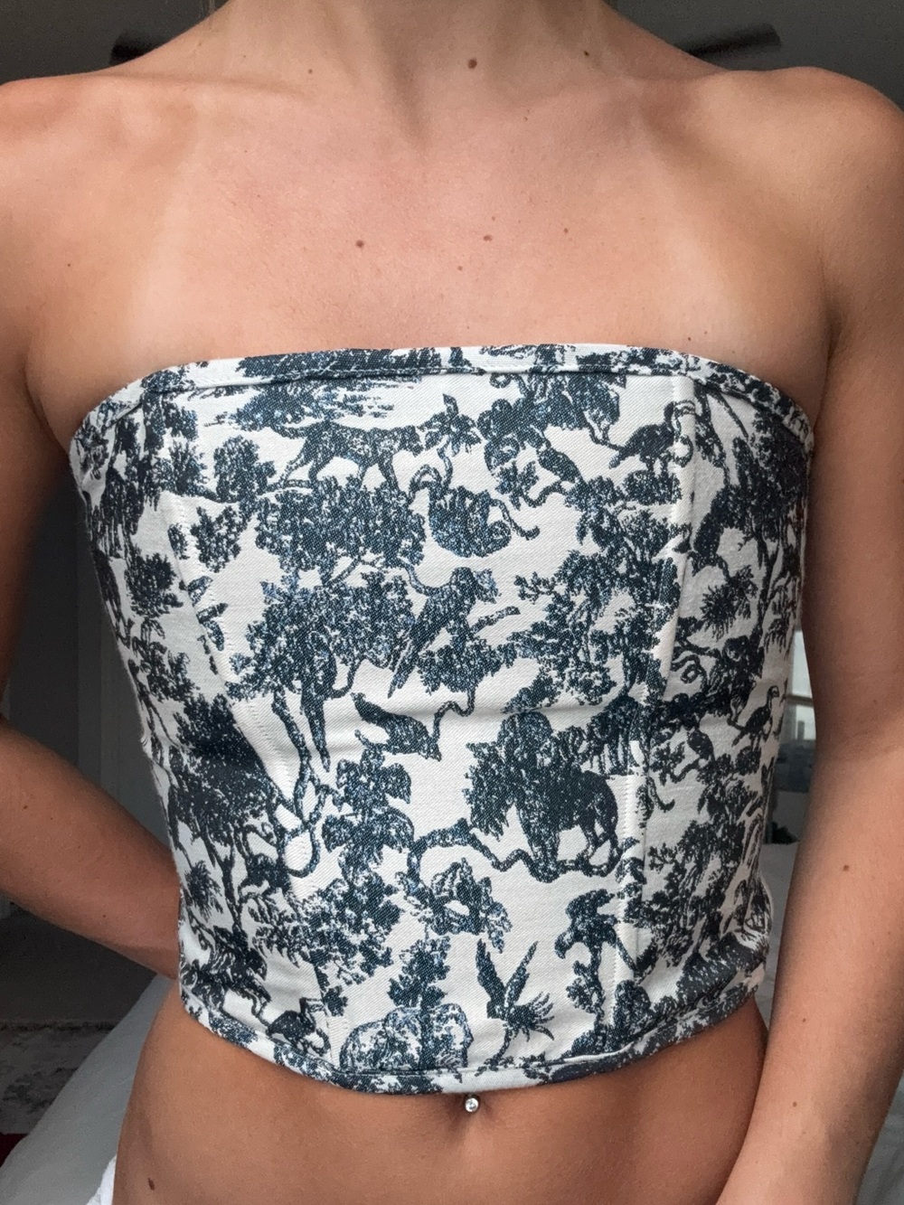 Strapless Printed Tube Top - White & Navy